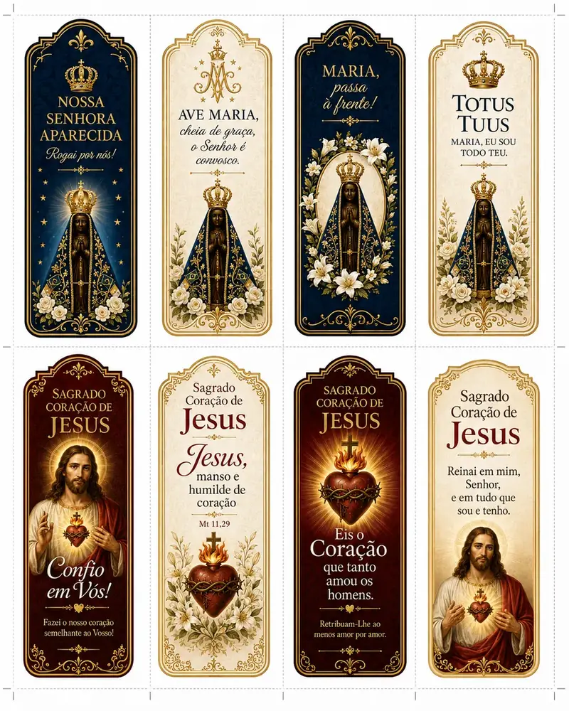 Folha com marcadores católicos de Nossa Senhora e do Sagrado Coração de Jesus para imprimir